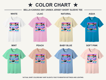 Family Cruise 2026 Making Memories Together DTF printed BELLA+CANVAS 3001 unisex tee with tropical sunset design - available shirt colors chart