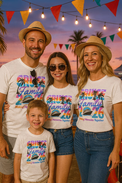 Family Cruise 2026 Making Memories Together DTF printed BELLA+CANVAS 3001 unisex tee with tropical sunset design worn by a model