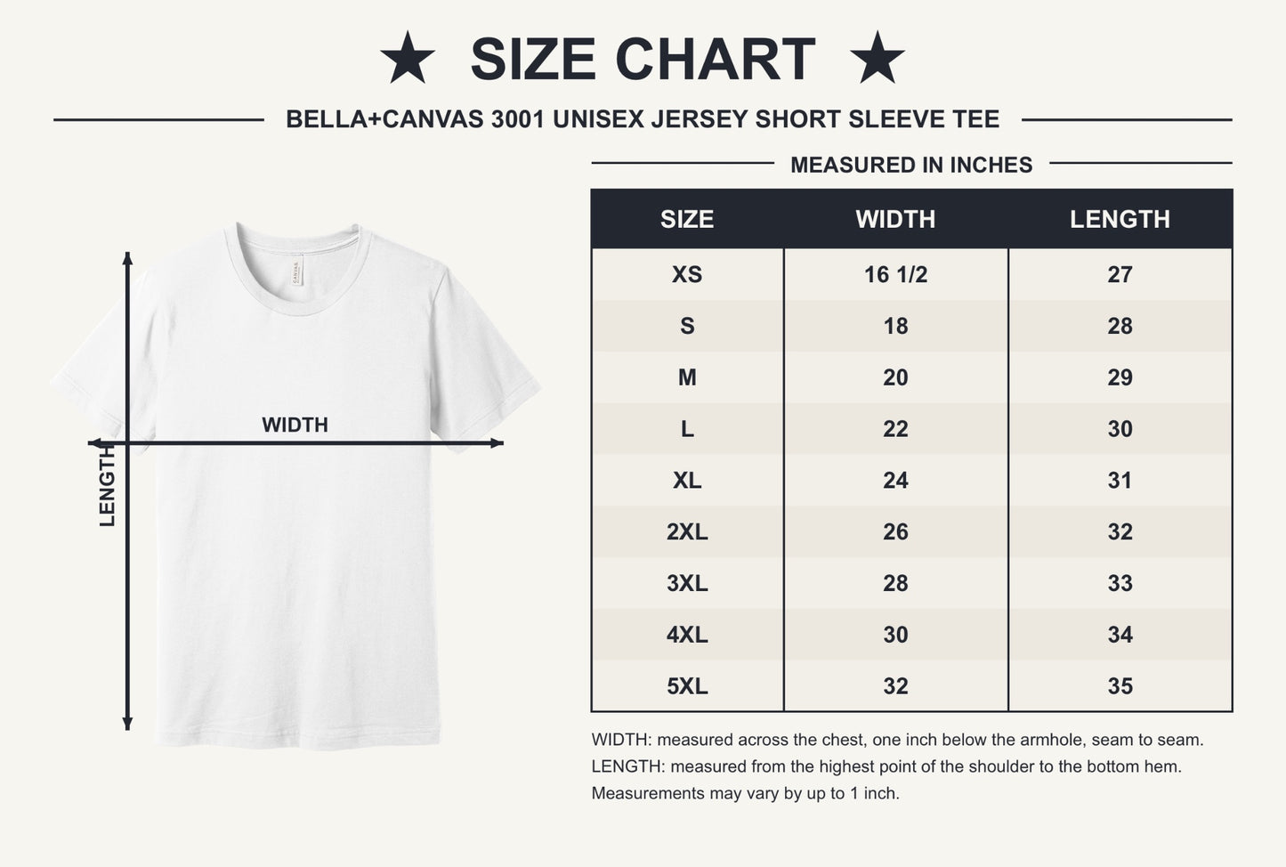 Family Cruise 2026 Making Memories Together DTF printed BELLA+CANVAS 3001 unisex tee with tropical sunset design - size chart