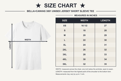 Family Cruise 2026 Making Memories Together DTF printed BELLA+CANVAS 3001 unisex tee with tropical sunset design - size chart