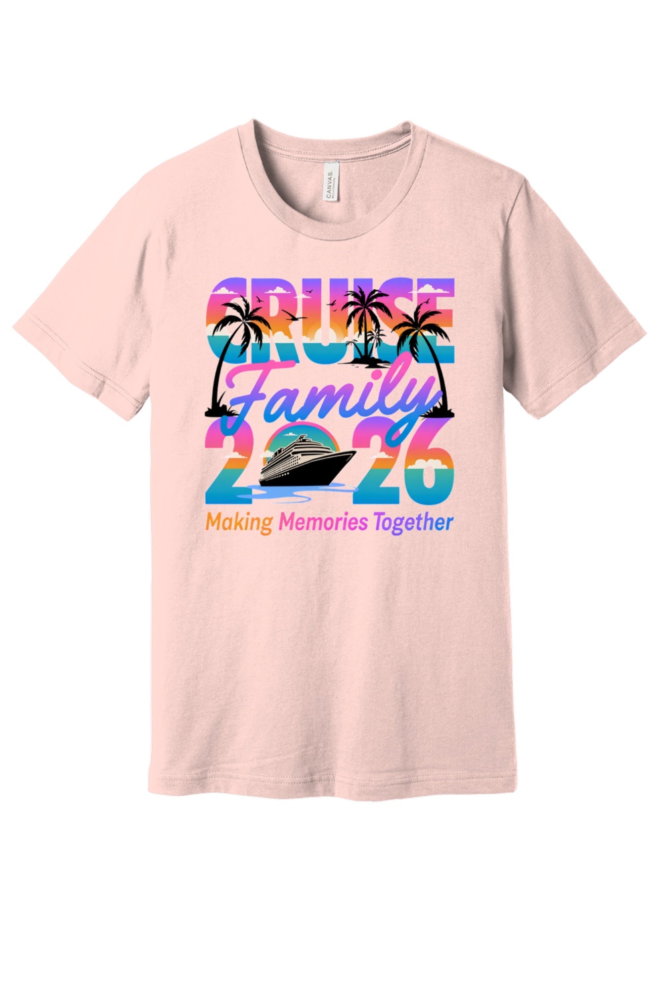 Family Cruise 2026 Making Memories Together DTF printed BELLA+CANVAS 3001 unisex tee with tropical sunset design in Soft Pink
