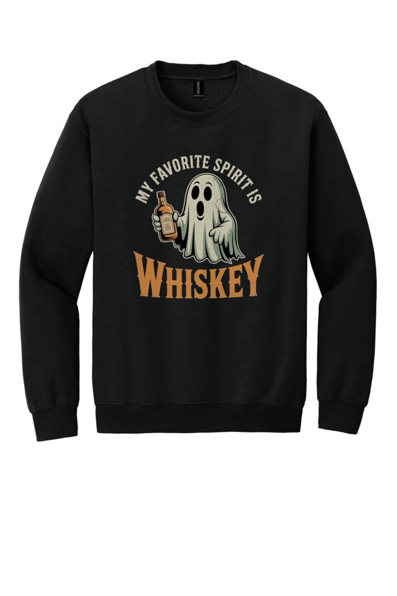 My Favorite Spirit Is Whiskey ghost cartoon DTF printed Halloween crewneck sweatshirt in Black