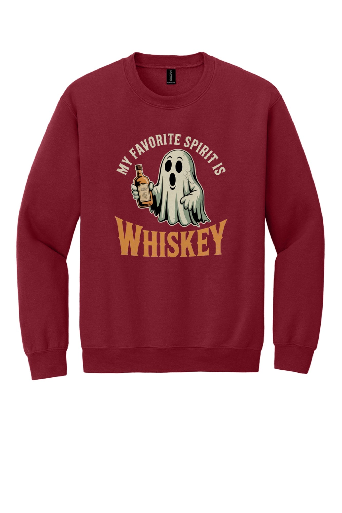 My Favorite Spirit Is Whiskey ghost cartoon DTF printed Halloween crewneck sweatshirt in Cardinal Red