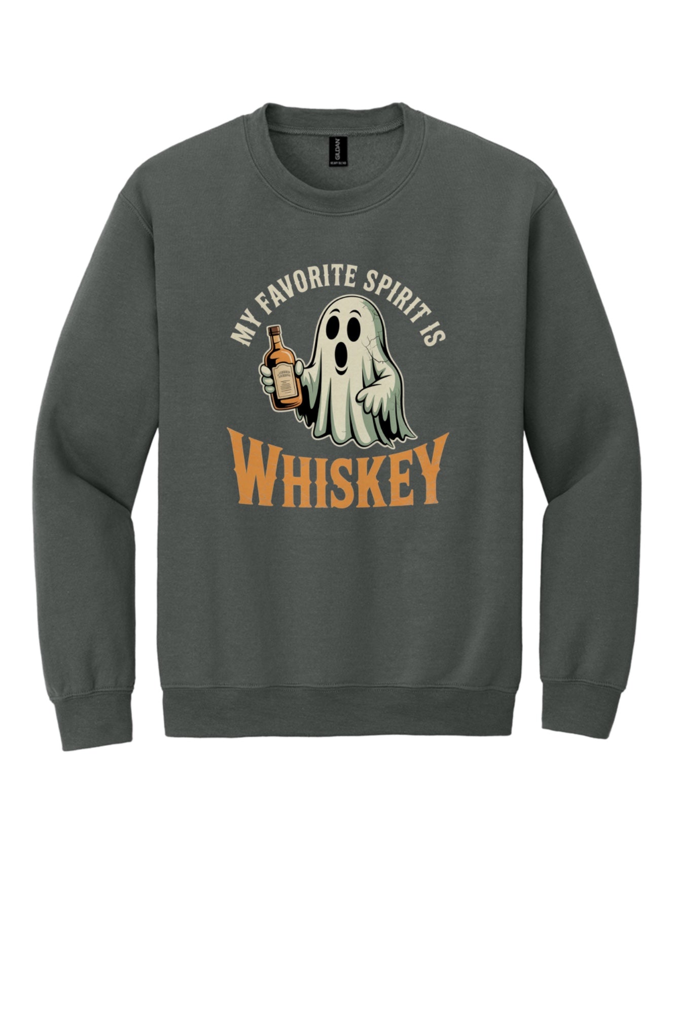 My Favorite Spirit Is Whiskey ghost cartoon DTF printed Halloween crewneck sweatshirt in Charcoal