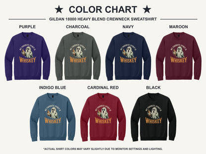 My Favorite Spirit Is Whiskey ghost cartoon DTF printed Halloween crewneck sweatshirt - available shirt colors chart