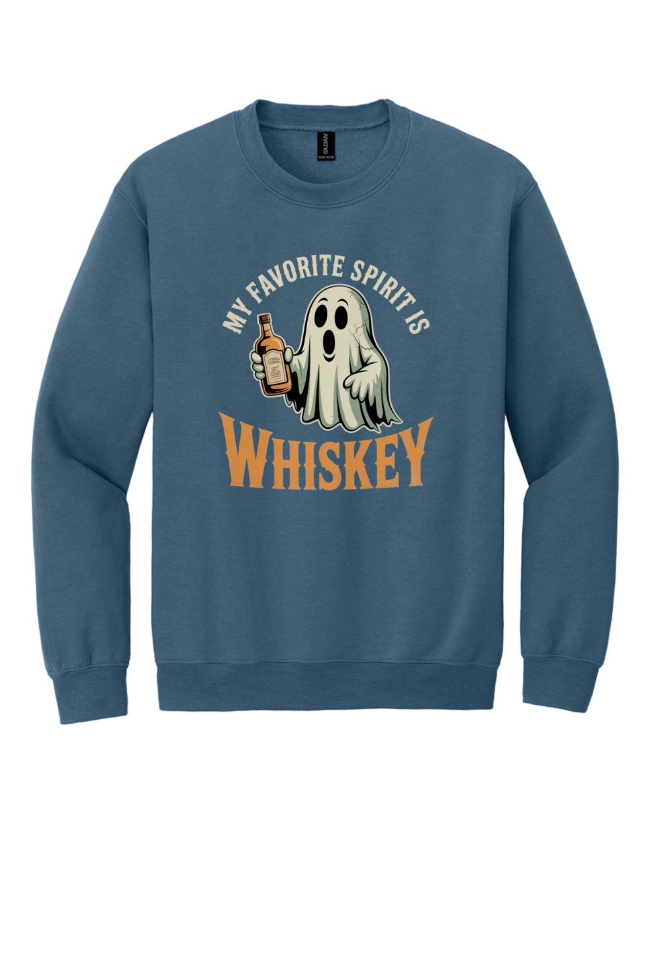 My Favorite Spirit Is Whiskey ghost cartoon DTF printed Halloween crewneck sweatshirt in Indigo Blue