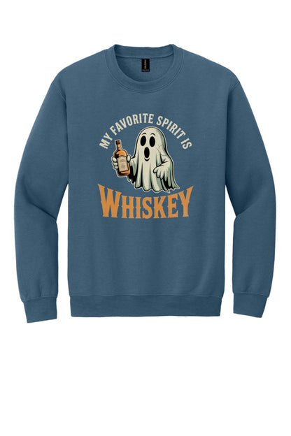 My Favorite Spirit Is Whiskey ghost cartoon DTF printed Halloween crewneck sweatshirt in Indigo Blue
