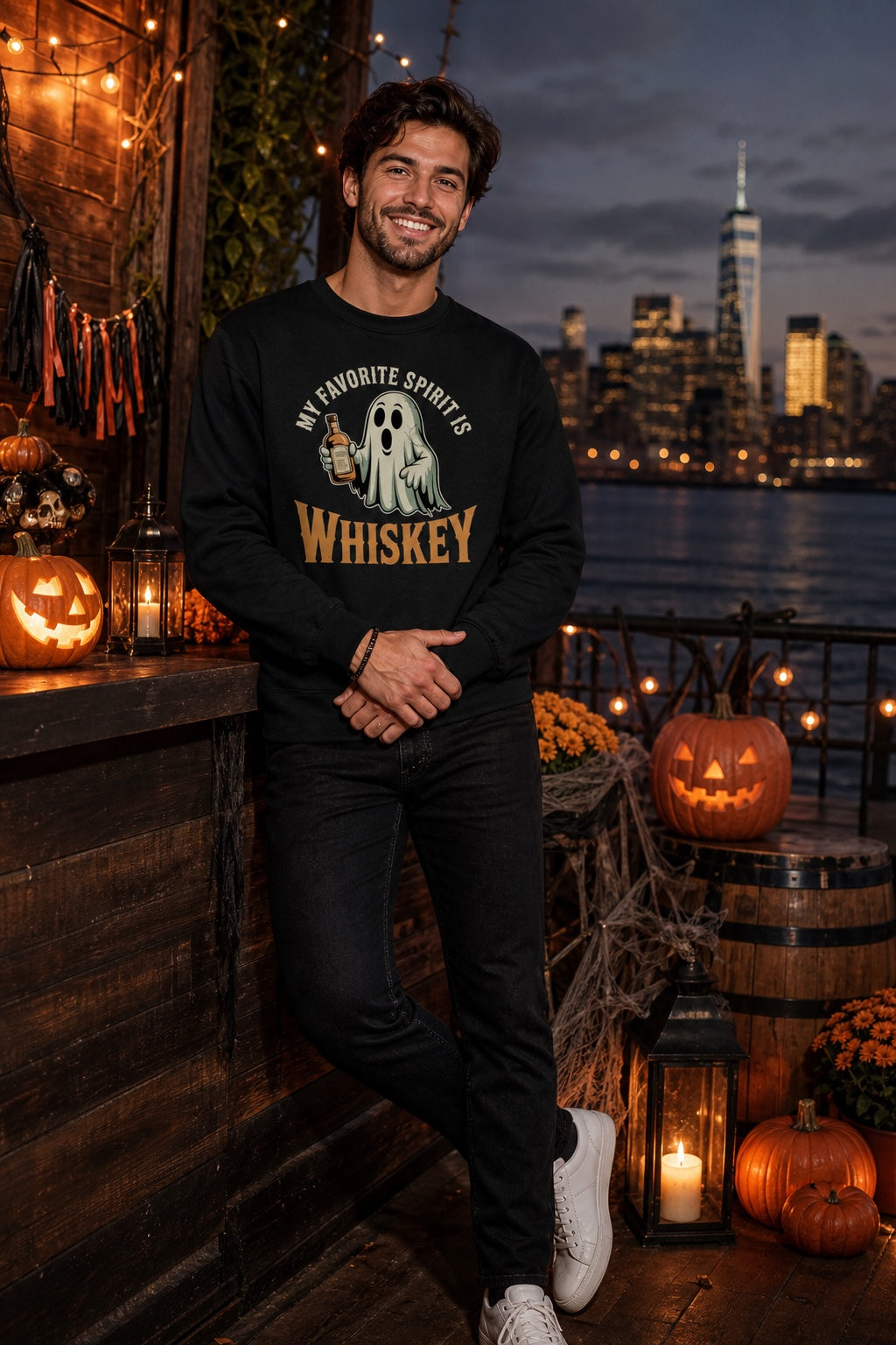My Favorite Spirit Is Whiskey ghost cartoon DTF printed Halloween crewneck sweatshirt worn by a model