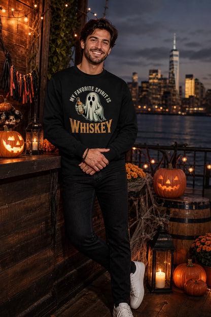 My Favorite Spirit Is Whiskey ghost cartoon DTF printed Halloween crewneck sweatshirt worn by a model