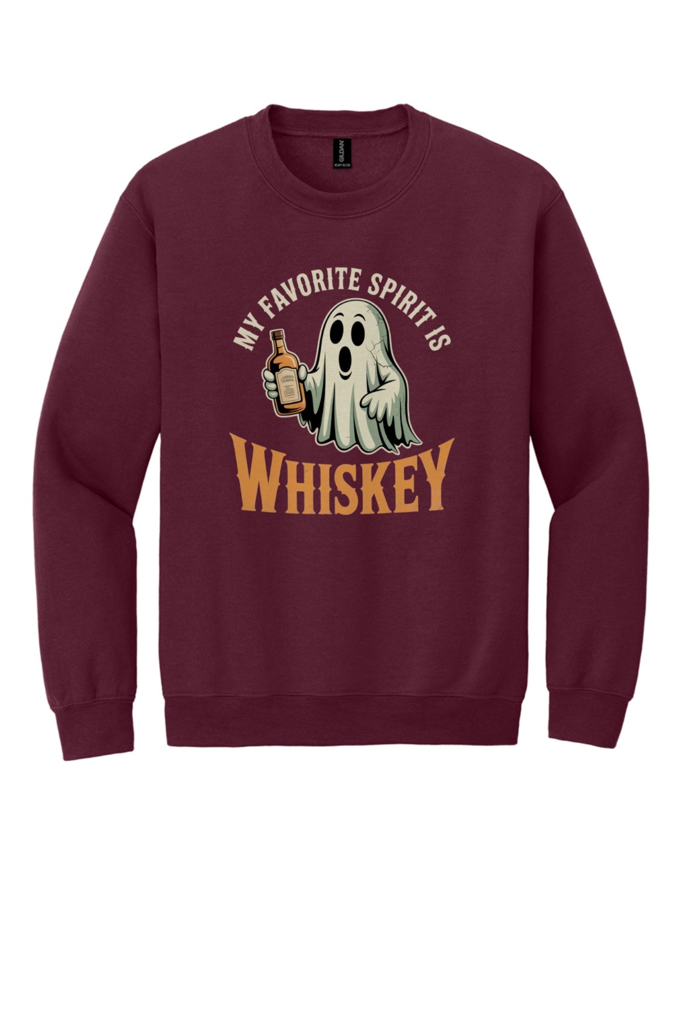My Favorite Spirit Is Whiskey ghost cartoon DTF printed Halloween crewneck sweatshirt in Maroon