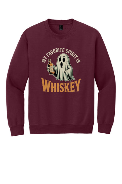 My Favorite Spirit Is Whiskey ghost cartoon DTF printed Halloween crewneck sweatshirt in Maroon
