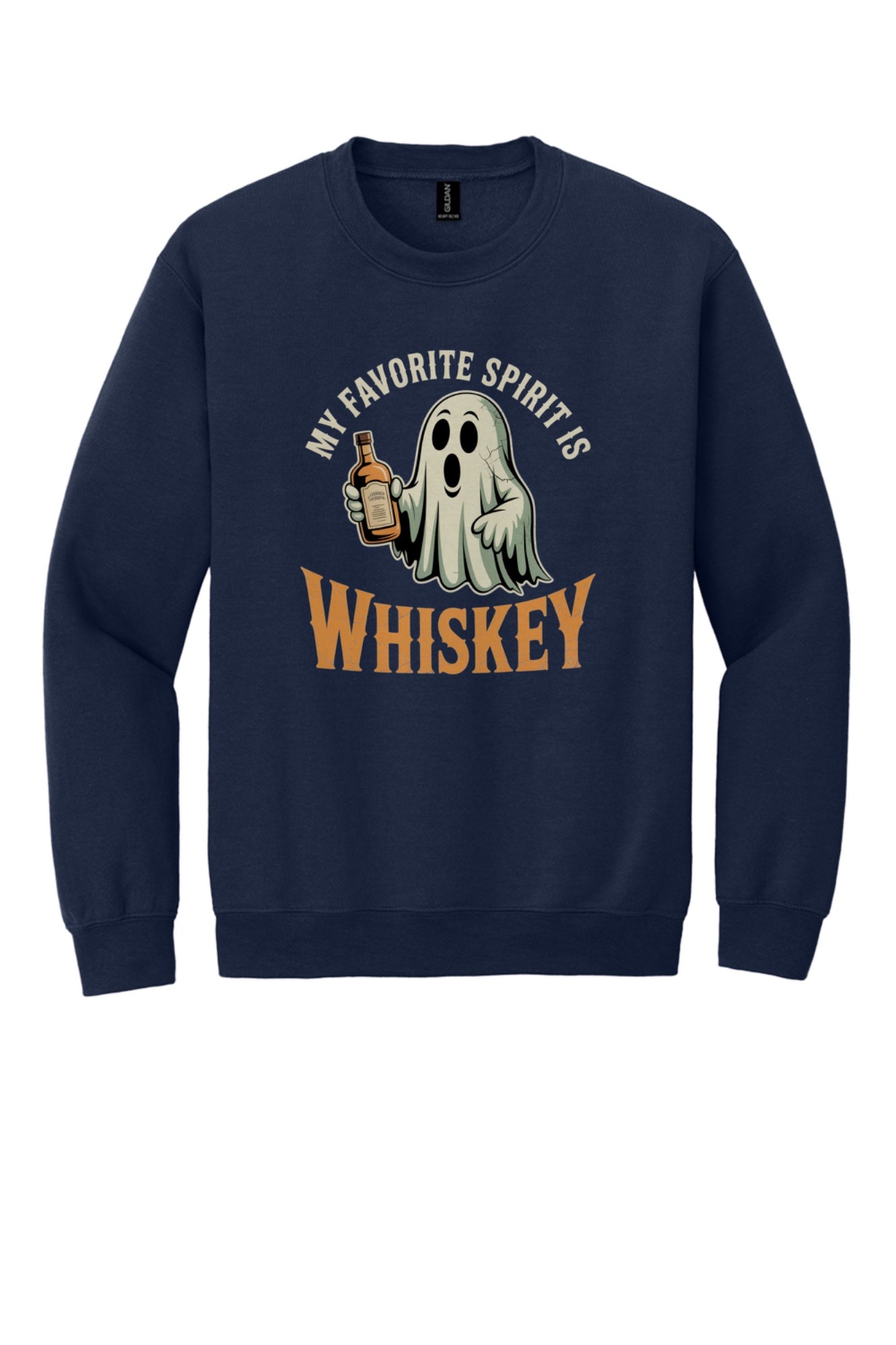 My Favorite Spirit Is Whiskey ghost cartoon DTF printed Halloween crewneck sweatshirt in Navy