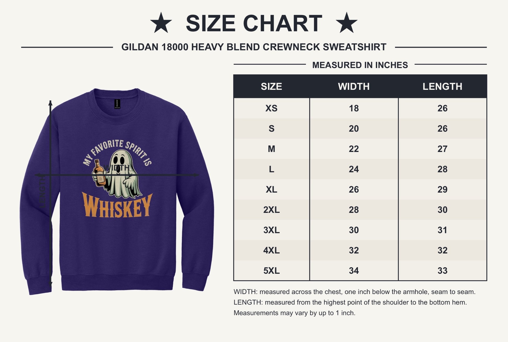 My Favorite Spirit Is Whiskey ghost cartoon DTF printed Halloween crewneck sweatshirt - size chart