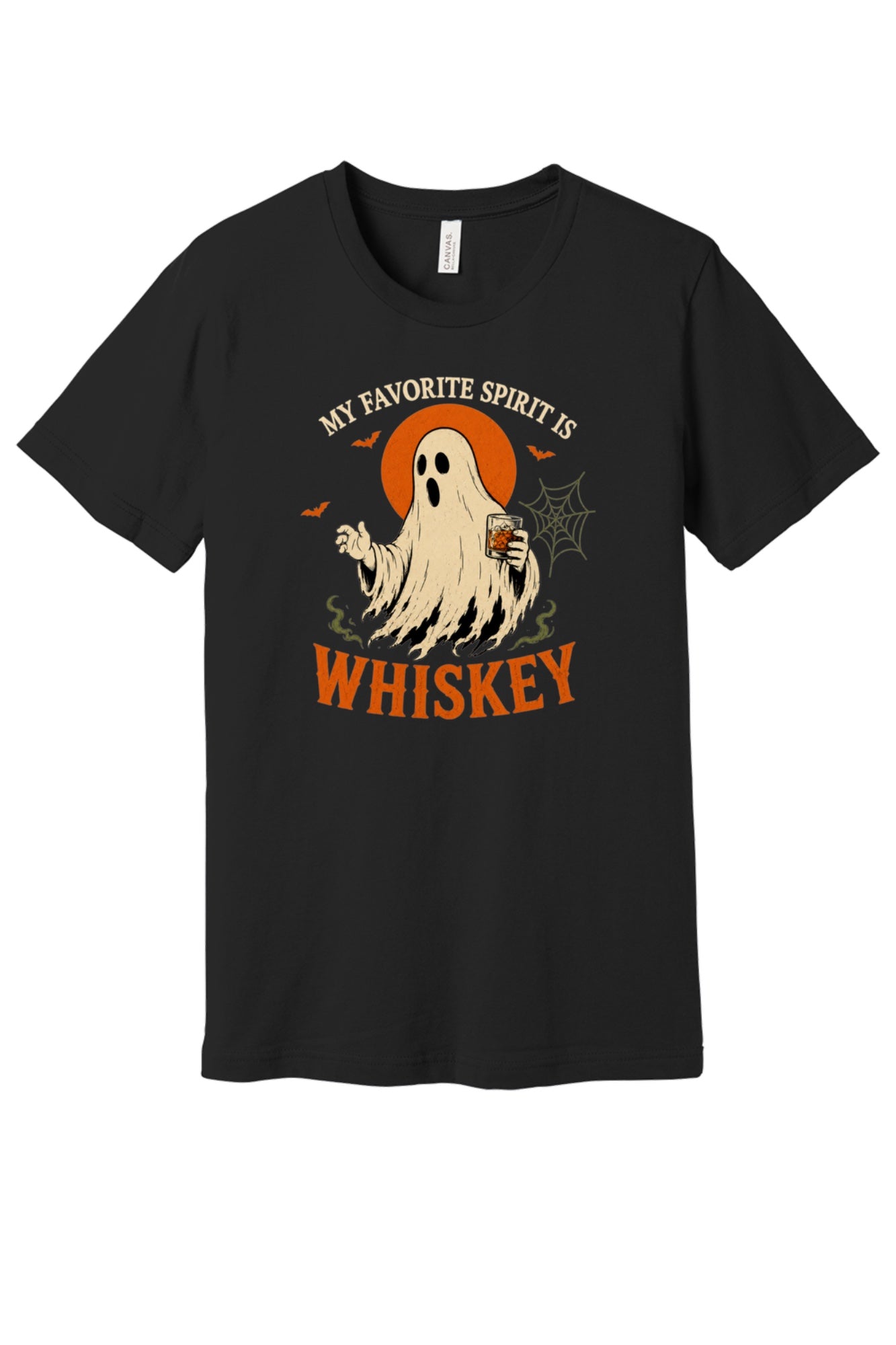 My Favorite Spirit Is Whiskey ghost Halloween graphic tee with bourbon glass bats and orange moon print in Black