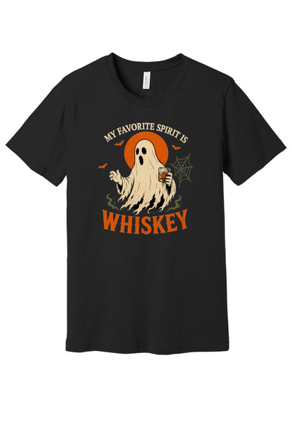My Favorite Spirit Is Whiskey ghost Halloween graphic tee with bourbon glass bats and orange moon print in Black