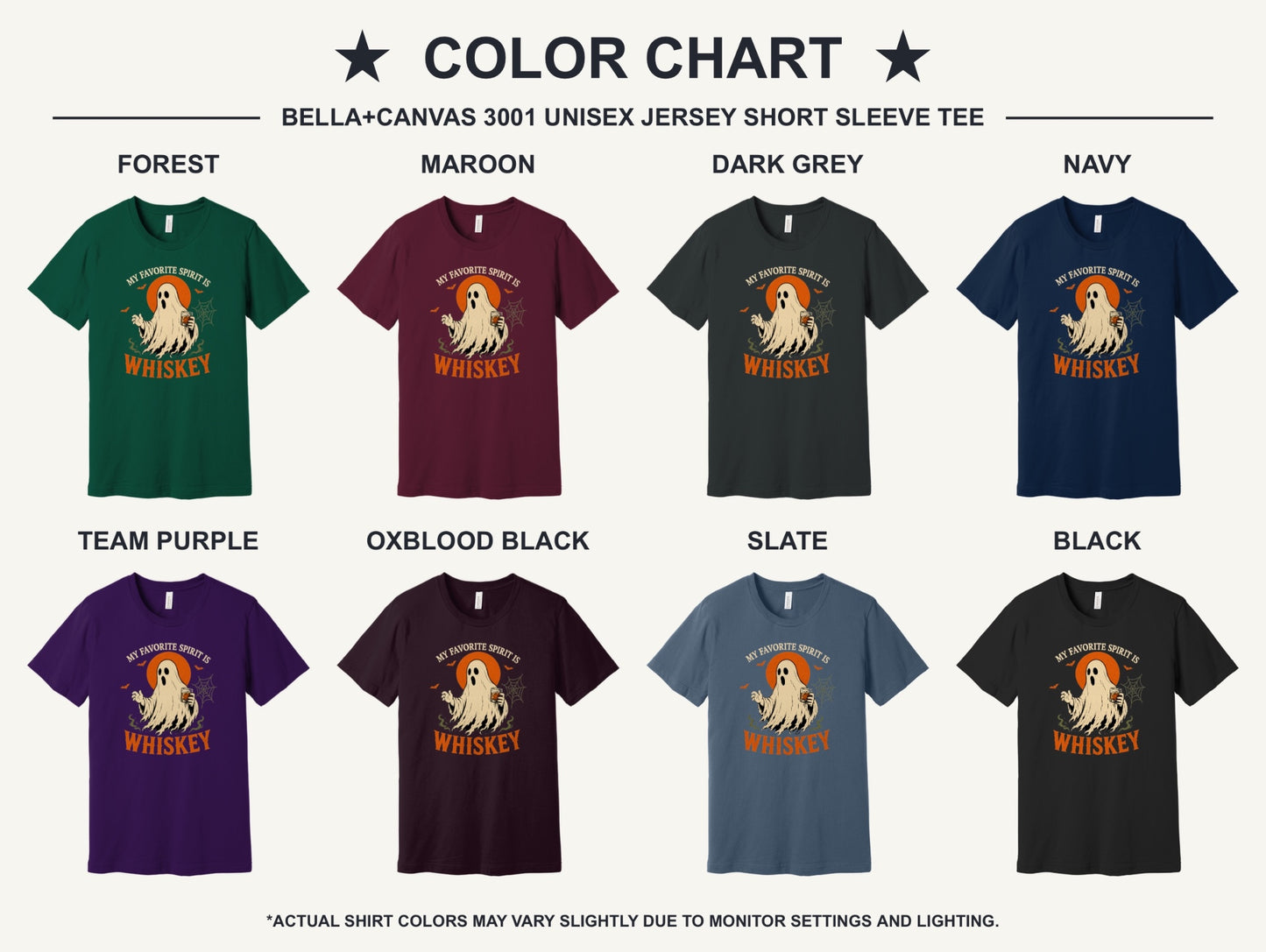 My Favorite Spirit Is Whiskey ghost Halloween graphic tee with bourbon glass bats and orange moon print - available shirt colors chart
