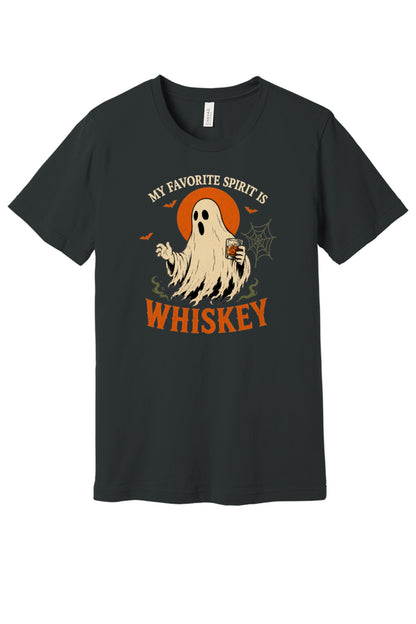 My Favorite Spirit Is Whiskey ghost Halloween graphic tee with bourbon glass bats and orange moon print in Dark Grey