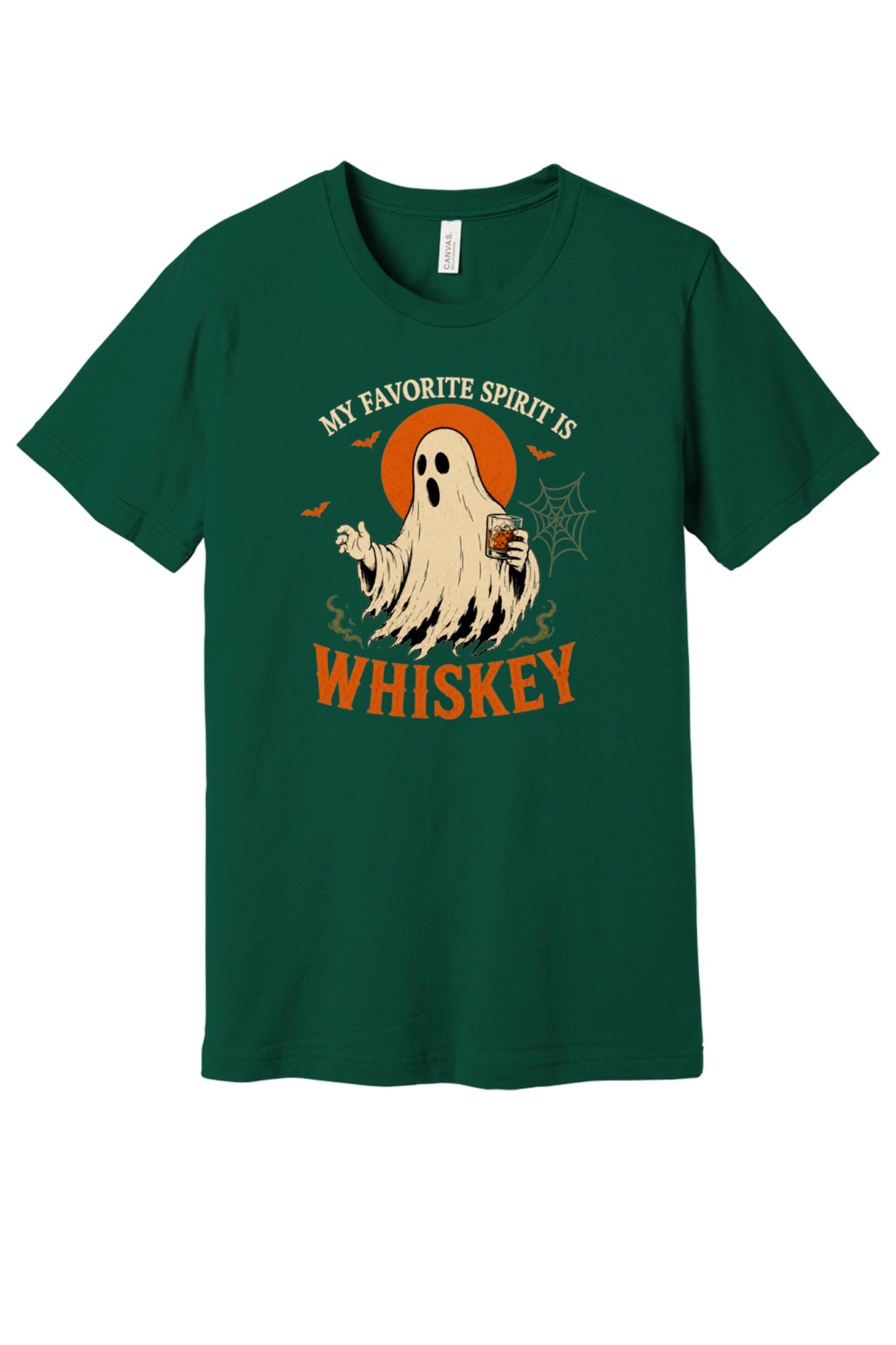 My Favorite Spirit Is Whiskey ghost Halloween graphic tee with bourbon glass bats and orange moon print in Forest