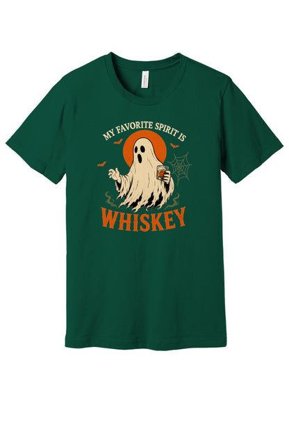 My Favorite Spirit Is Whiskey ghost Halloween graphic tee with bourbon glass bats and orange moon print in Forest