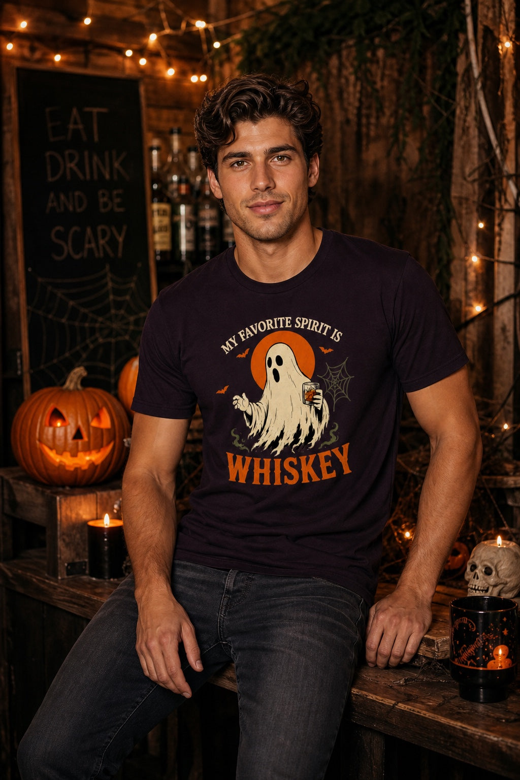 My Favorite Spirit Is Whiskey ghost Halloween graphic tee with bourbon glass bats and orange moon print worn by a model