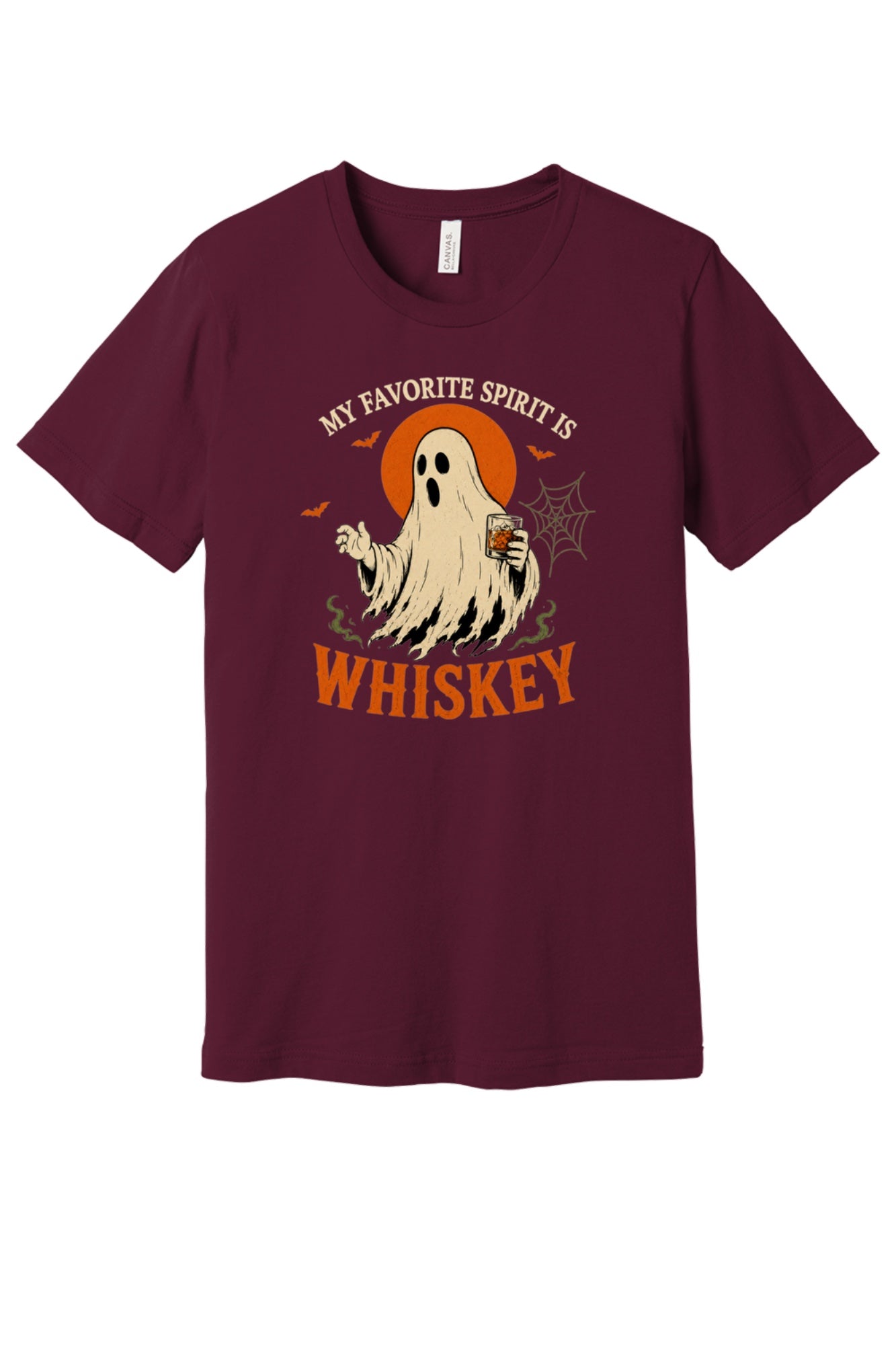My Favorite Spirit Is Whiskey ghost Halloween graphic tee with bourbon glass bats and orange moon print in Maroon