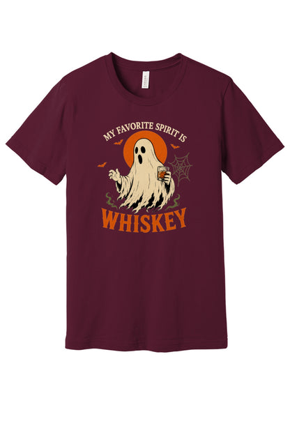 My Favorite Spirit Is Whiskey ghost Halloween graphic tee with bourbon glass bats and orange moon print in Maroon