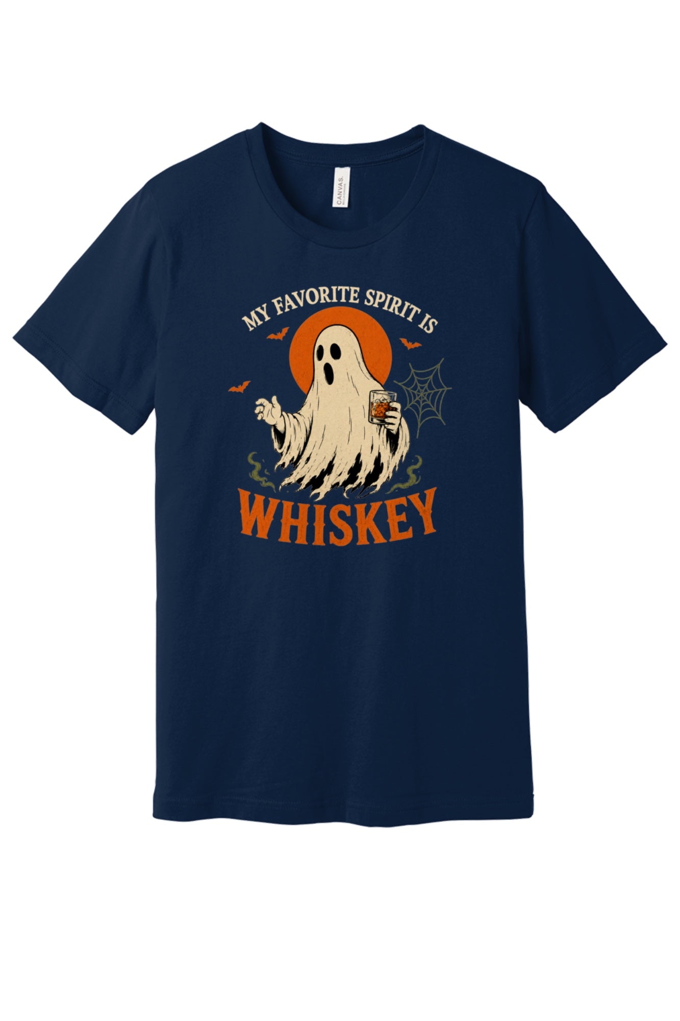 My Favorite Spirit Is Whiskey ghost Halloween graphic tee with bourbon glass bats and orange moon print in Navy