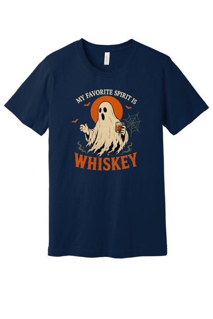My Favorite Spirit Is Whiskey ghost Halloween graphic tee with bourbon glass bats and orange moon print in Navy