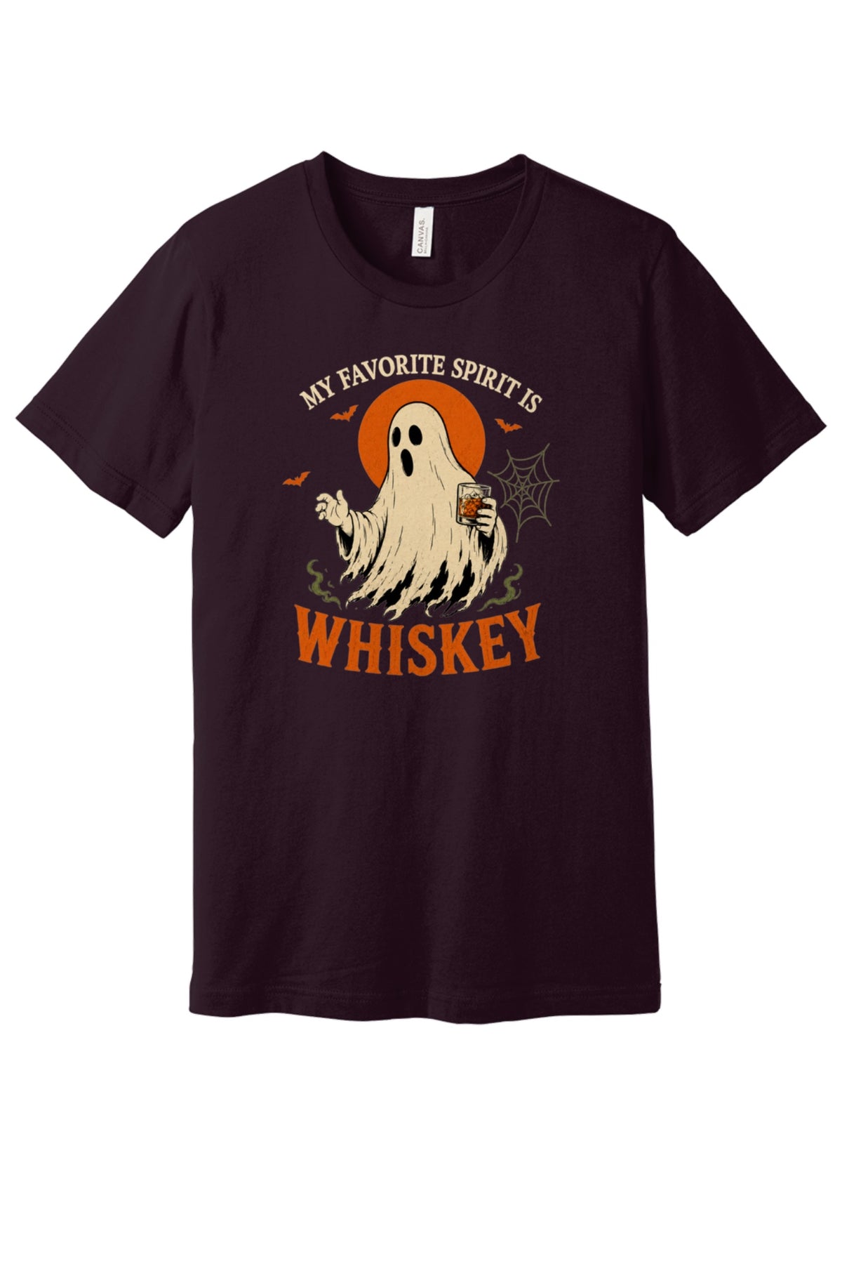 My Favorite Spirit Is Whiskey ghost Halloween graphic tee with bourbon glass bats and orange moon print in Oxblood Black