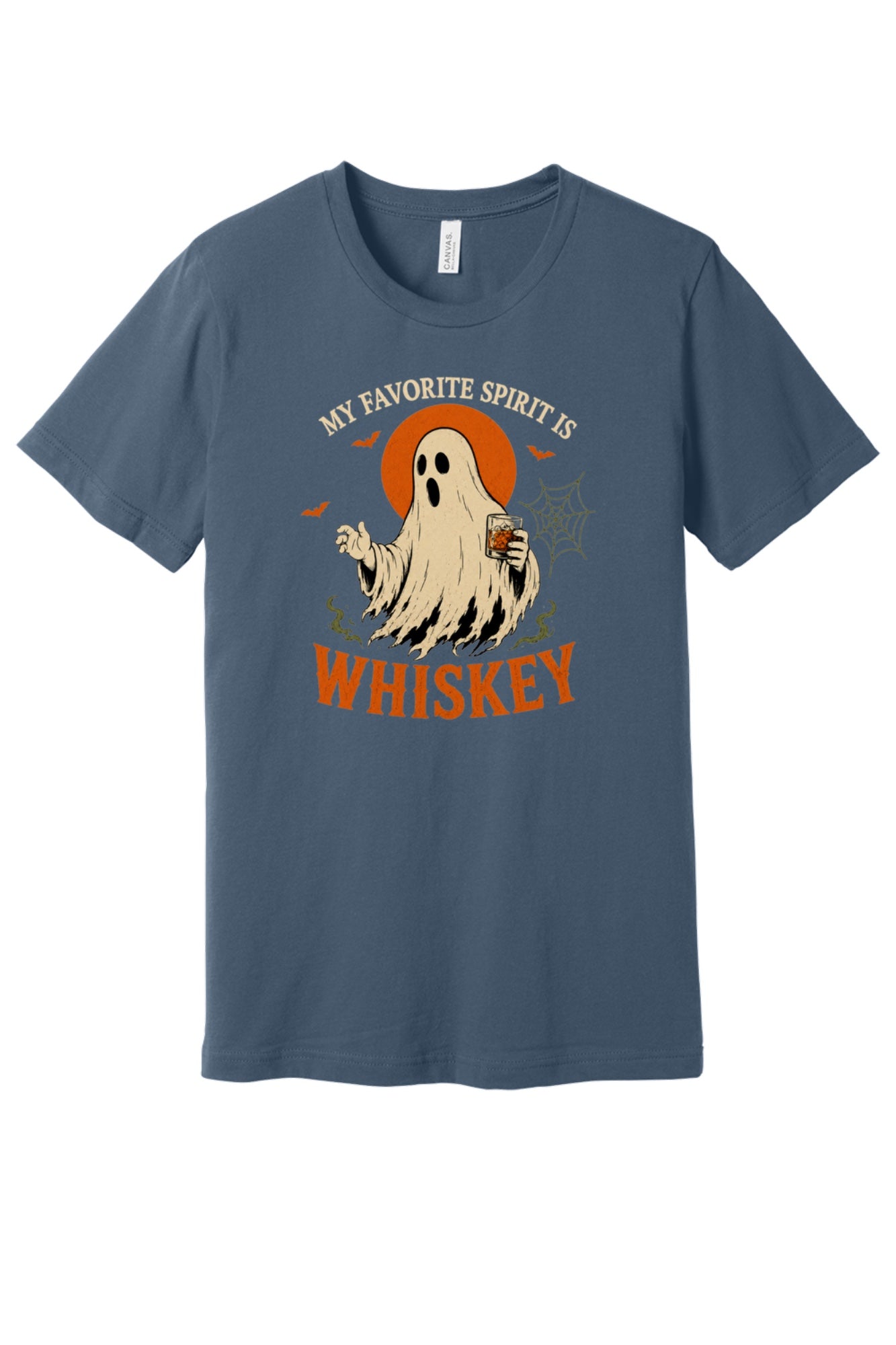 My Favorite Spirit Is Whiskey ghost Halloween graphic tee with bourbon glass bats and orange moon print in Slate