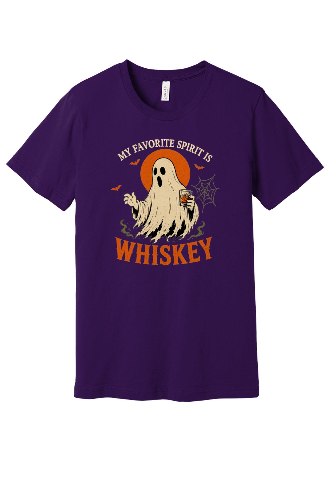 My Favorite Spirit Is Whiskey ghost Halloween graphic tee with bourbon glass bats and orange moon print in Team Purple