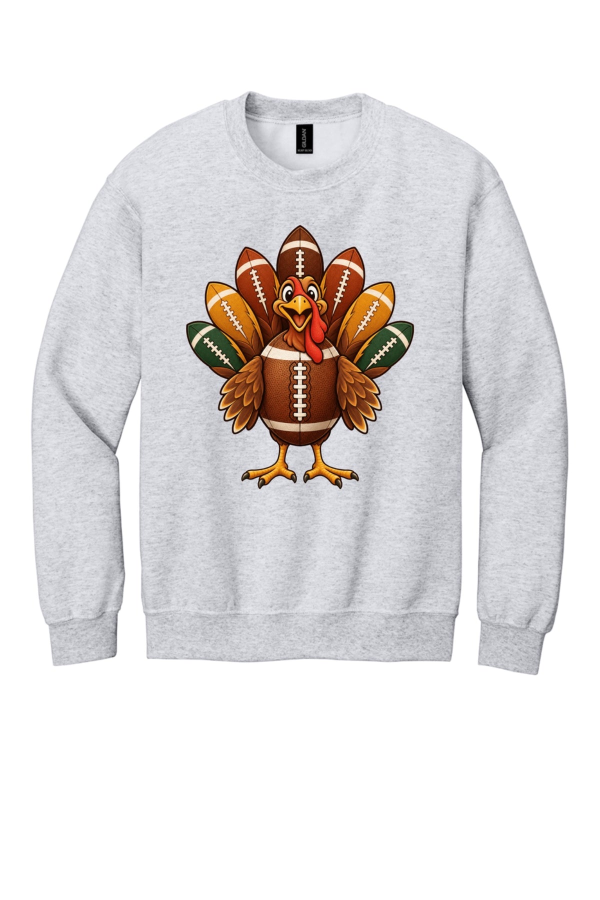 Football turkey cartoon crewneck sweatshirt DTF printed Thanksgiving design on Gildan 18000 in Ash