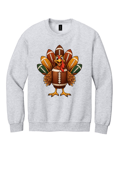 Football turkey cartoon crewneck sweatshirt DTF printed Thanksgiving design on Gildan 18000 in Ash