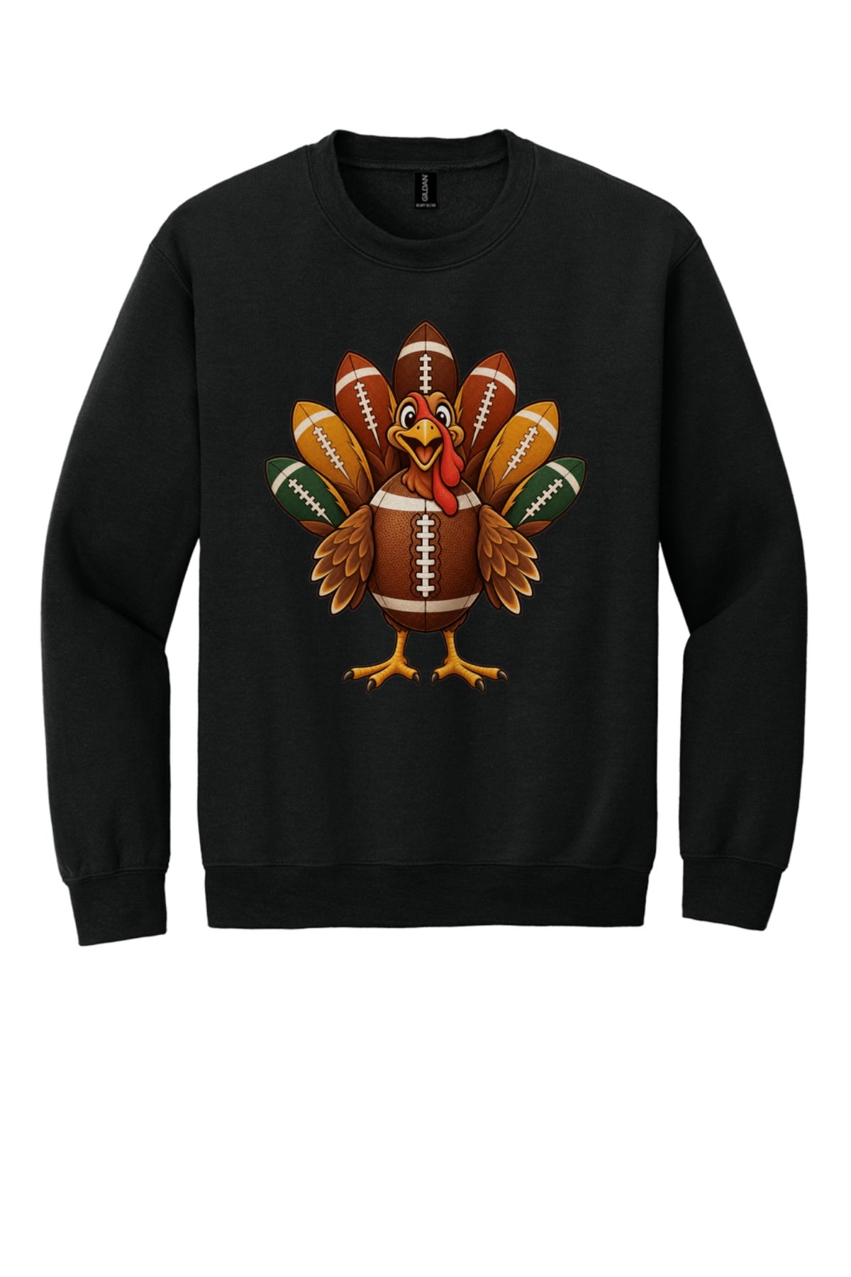 Football turkey cartoon crewneck sweatshirt DTF printed Thanksgiving design on Gildan 18000 in Black