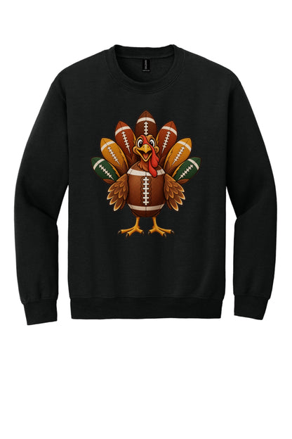 Football turkey cartoon crewneck sweatshirt DTF printed Thanksgiving design on Gildan 18000 in Black