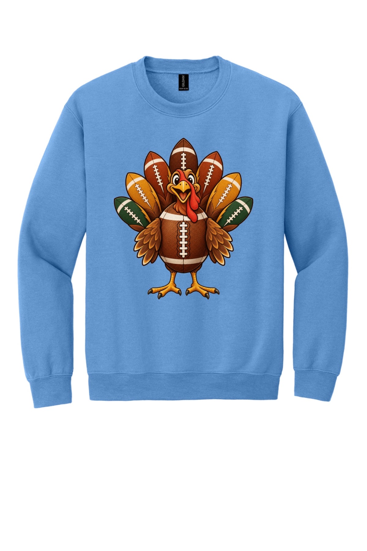 Football turkey cartoon crewneck sweatshirt DTF printed Thanksgiving design on Gildan 18000 in Carolina Blue