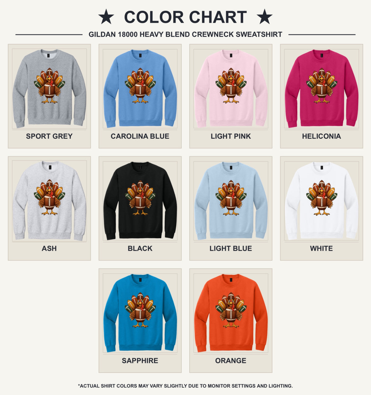 Football turkey cartoon crewneck sweatshirt DTF printed Thanksgiving design on Gildan 18000 - available shirt colors chart