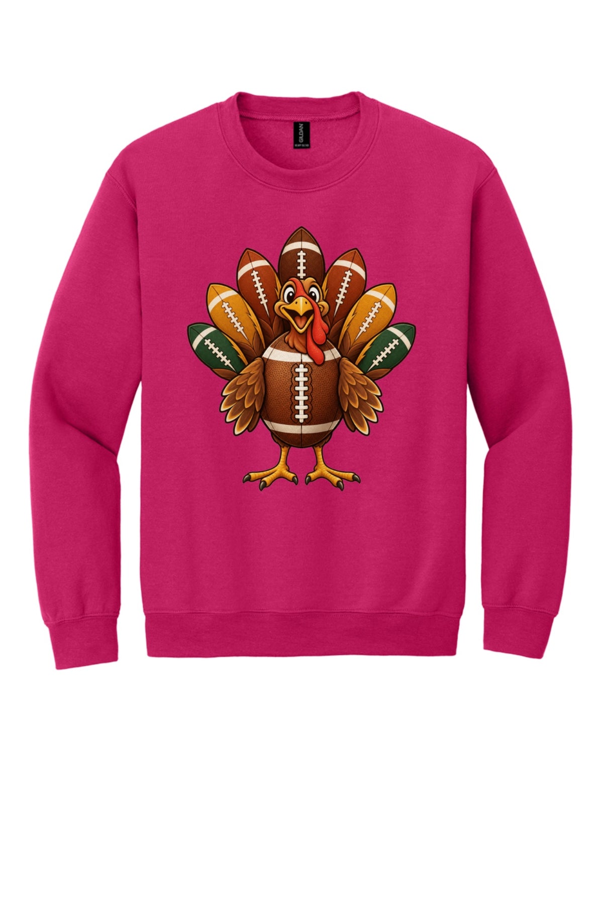 Football turkey cartoon crewneck sweatshirt DTF printed Thanksgiving design on Gildan 18000 in Heliconia