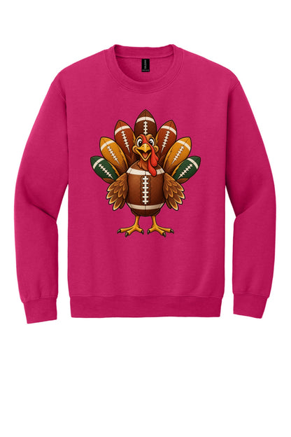Football turkey cartoon crewneck sweatshirt DTF printed Thanksgiving design on Gildan 18000 in Heliconia