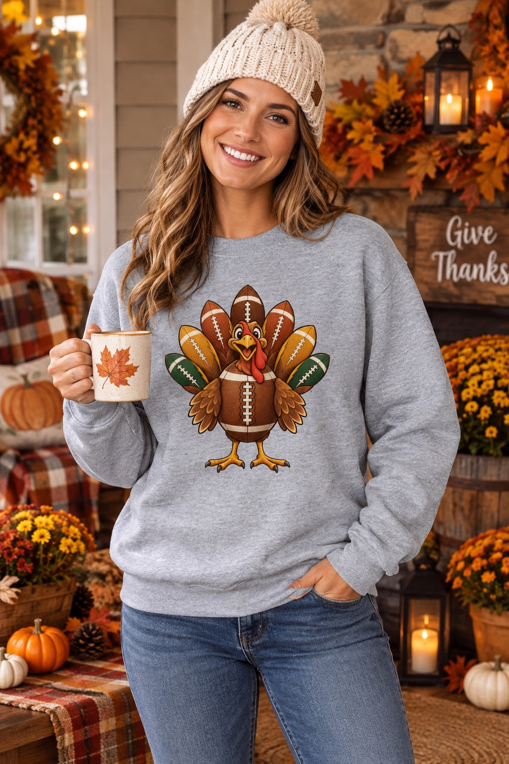Football turkey cartoon crewneck sweatshirt DTF printed Thanksgiving design on Gildan 18000, worn by a model