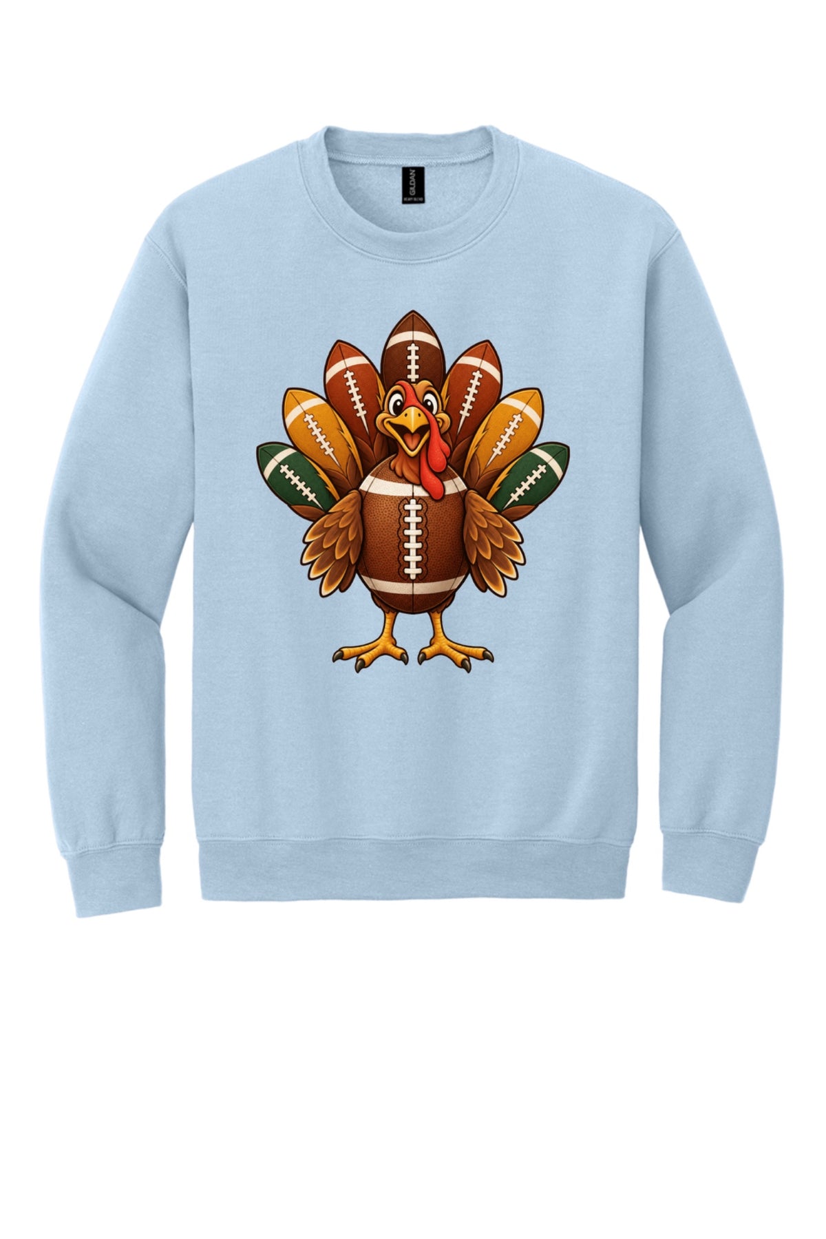 Football turkey cartoon crewneck sweatshirt DTF printed Thanksgiving design on Gildan 18000 in Light Blue