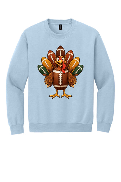 Football turkey cartoon crewneck sweatshirt DTF printed Thanksgiving design on Gildan 18000 in Light Blue