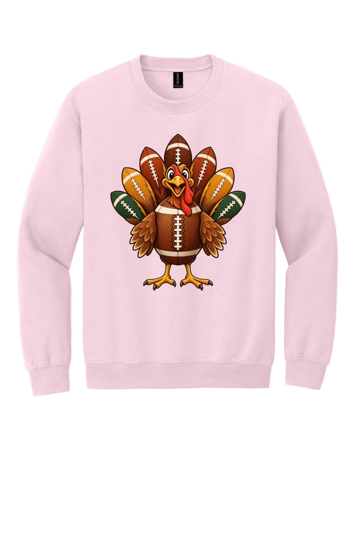 Football turkey cartoon crewneck sweatshirt DTF printed Thanksgiving design on Gildan 18000 in Light Pink