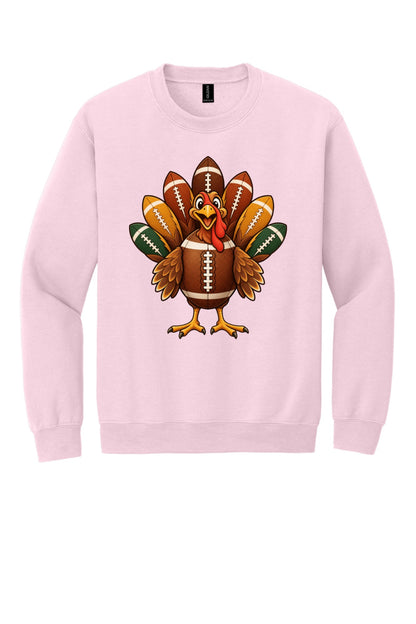 Football turkey cartoon crewneck sweatshirt DTF printed Thanksgiving design on Gildan 18000 in Light Pink