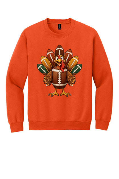 Football turkey cartoon crewneck sweatshirt DTF printed Thanksgiving design on Gildan 18000 in Orange