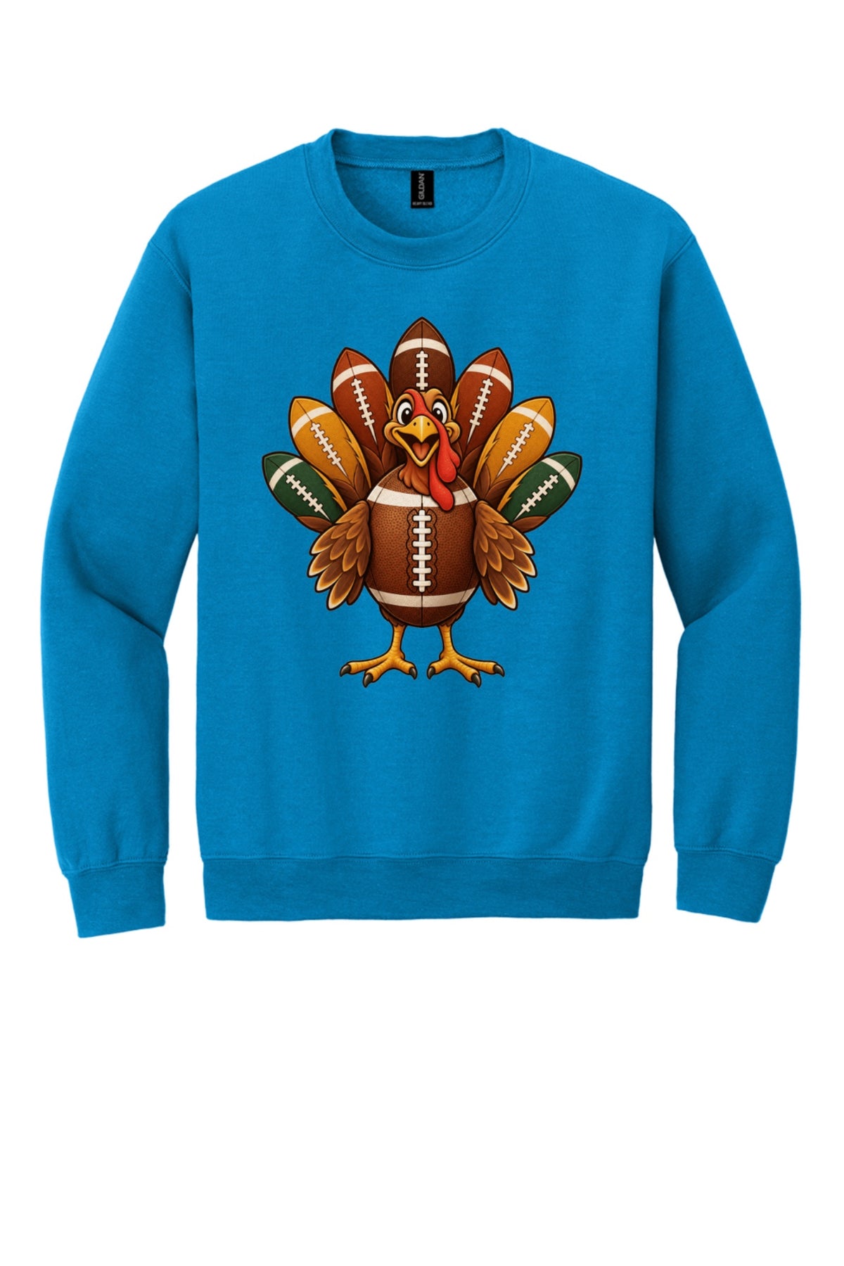 Football turkey cartoon crewneck sweatshirt DTF printed Thanksgiving design on Gildan 18000 in Sapphire