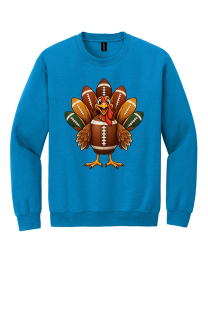 Football turkey cartoon crewneck sweatshirt DTF printed Thanksgiving design on Gildan 18000 in Sapphire