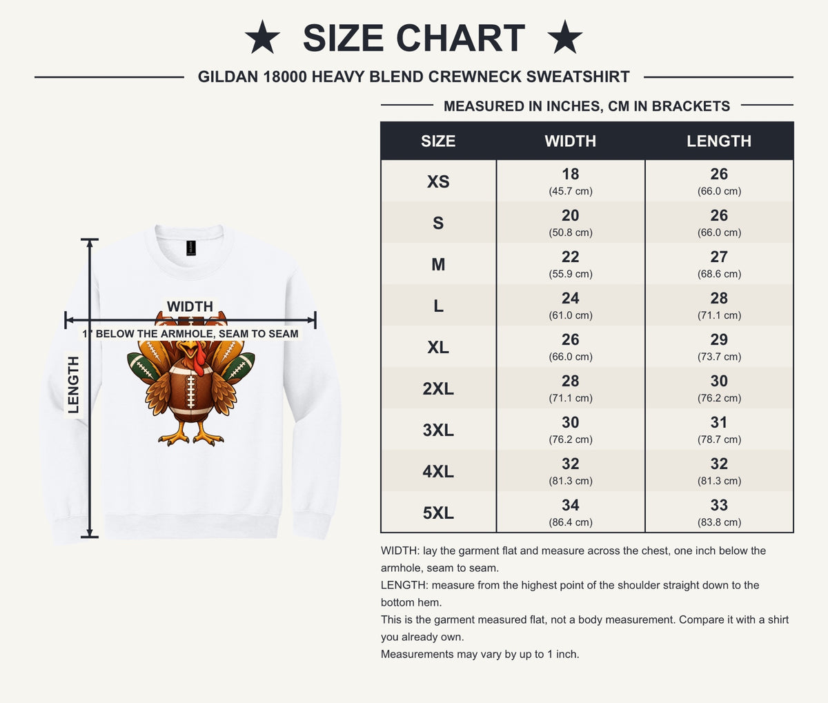 Football turkey cartoon crewneck sweatshirt DTF printed Thanksgiving design on Gildan 18000 - size chart