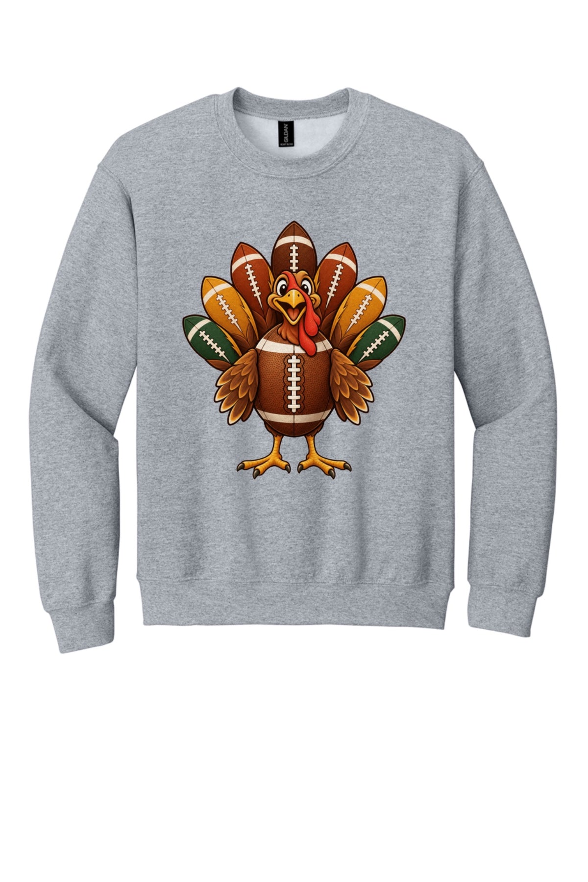 Football turkey cartoon crewneck sweatshirt DTF printed Thanksgiving design on Gildan 18000 in Sport Grey