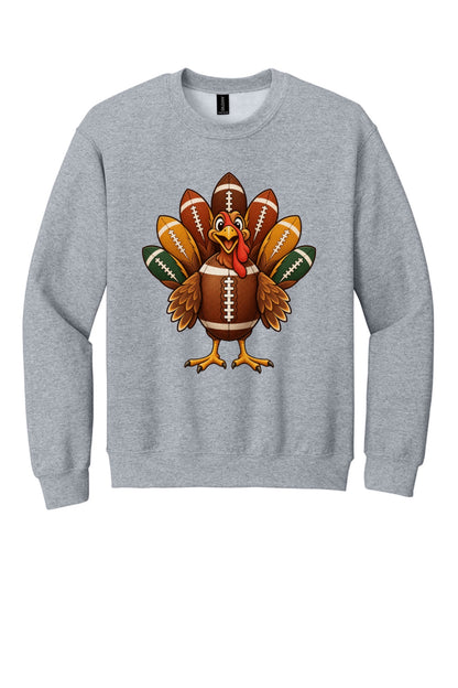 Football turkey cartoon crewneck sweatshirt DTF printed Thanksgiving design on Gildan 18000 in Sport Grey